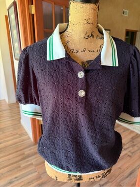 Maeve Navy Eyelet Knit Short Sleeve Polo with White & Green Trim